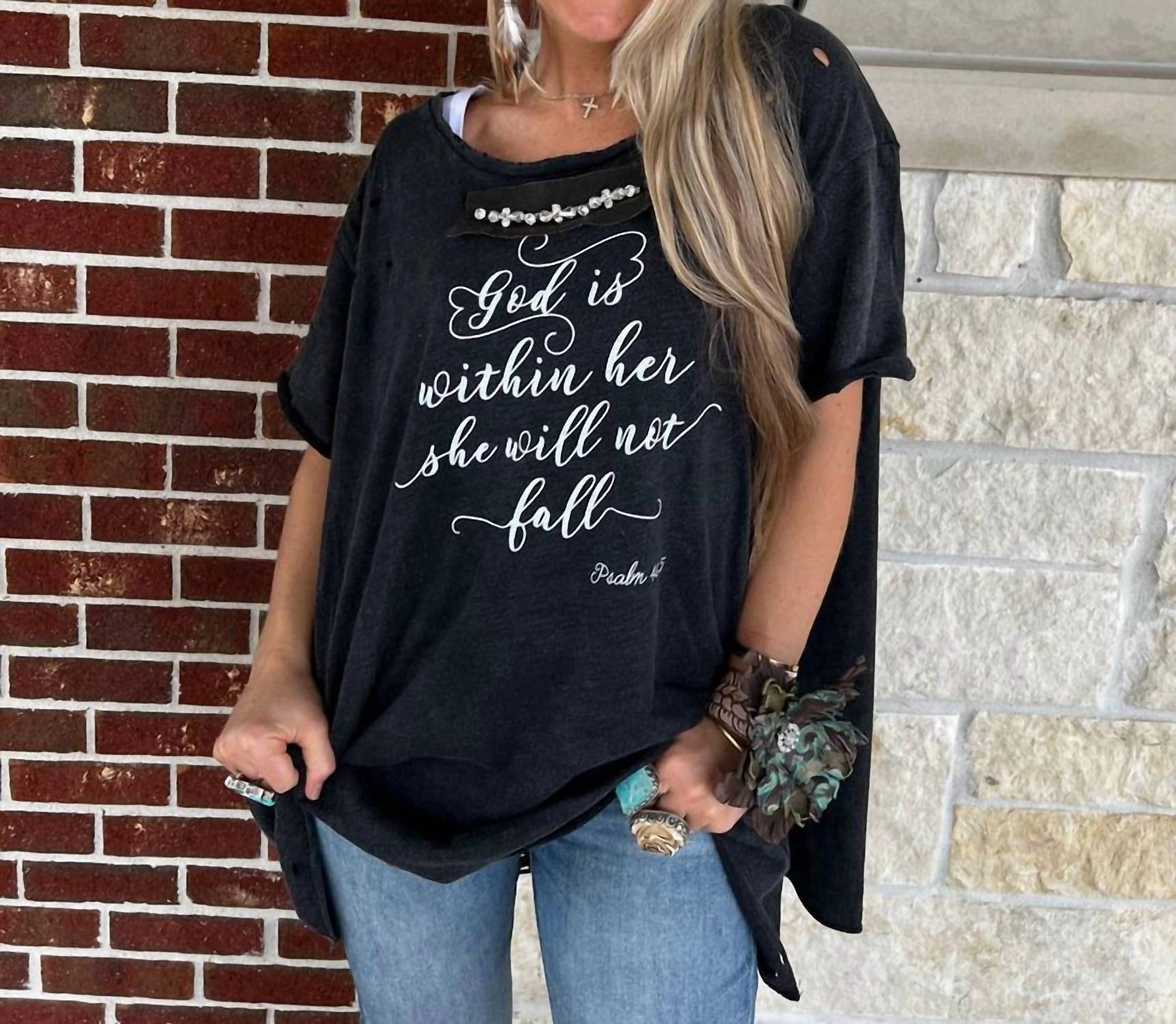 "god Is Within Her" Oversized Distressed Tee In Black