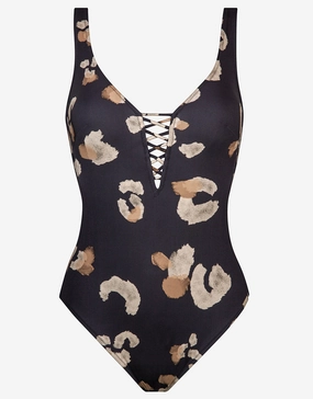 Abstraction Plunge Swimsuit - Black and Brown Maryan Mehlhorn - Maryan Mehlhorn dresses