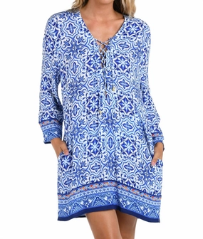 Alboran Sea Lace Up V-Neck Tunic Cover Up In Blue Swim Womens - shirred swimwear
