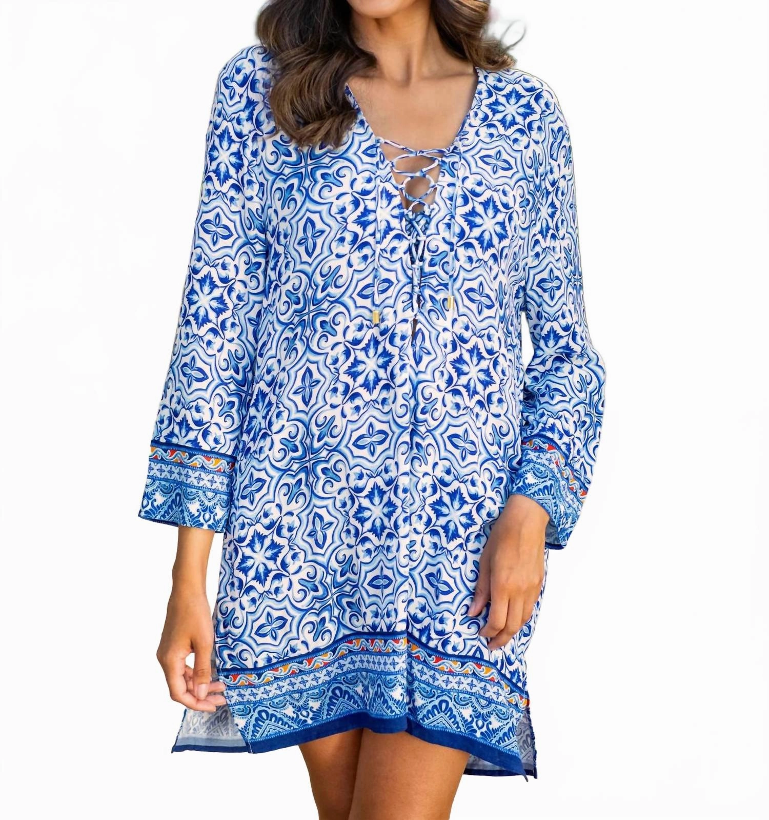 Alboran Sea Lace Up V-Neck Tunic Cover Up In Blue
