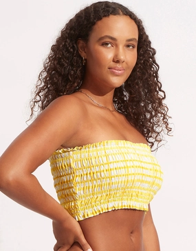 Amalfi Check Shirred Longline Bandeau Bikini Top - Lime Light Swim Womens - swimsuits outlet