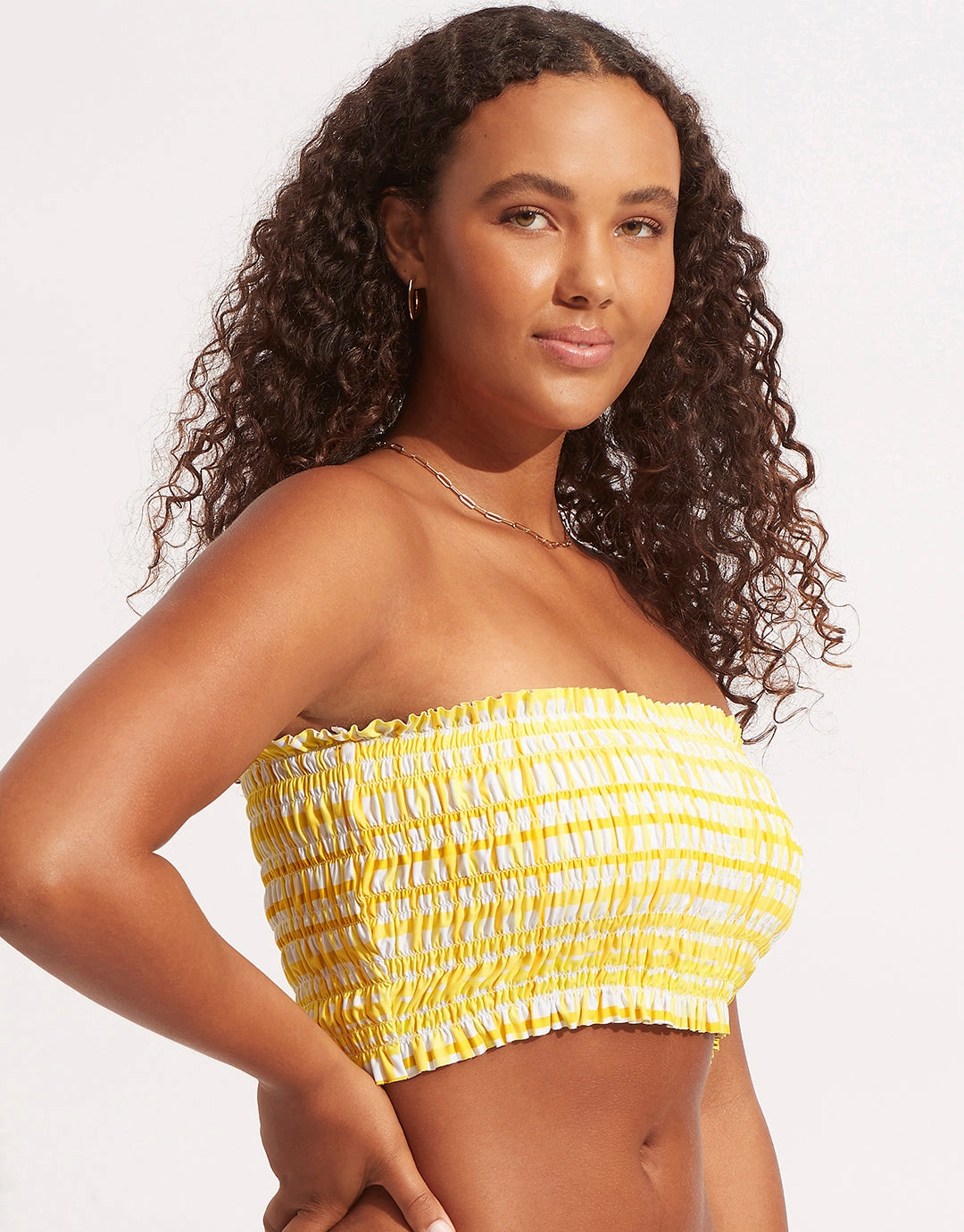 Amalfi Check Shirred Longline Bandeau Bikini Top - Lime Light Seafolly - Seafolly bikinis sale