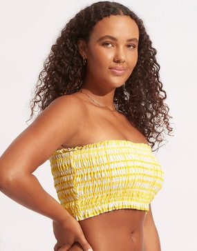 Amalfi Check Shirred Longline Bandeau Bikini Top - Lime Light Seafolly - Seafolly bikinis sale