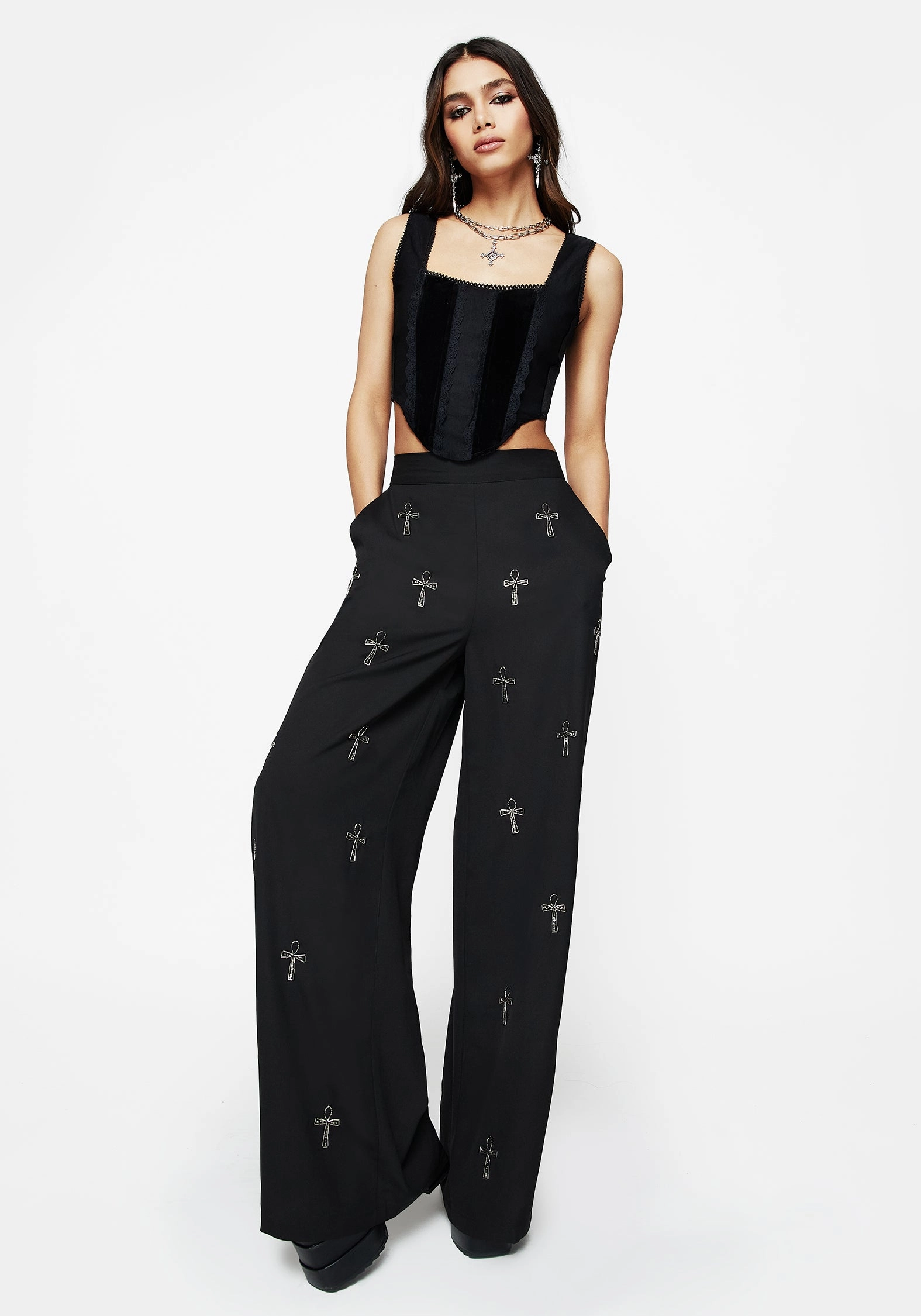 Ankh Beaded Chiffon Wide Leg Trousers Bottoms Womens - women's jeans sale