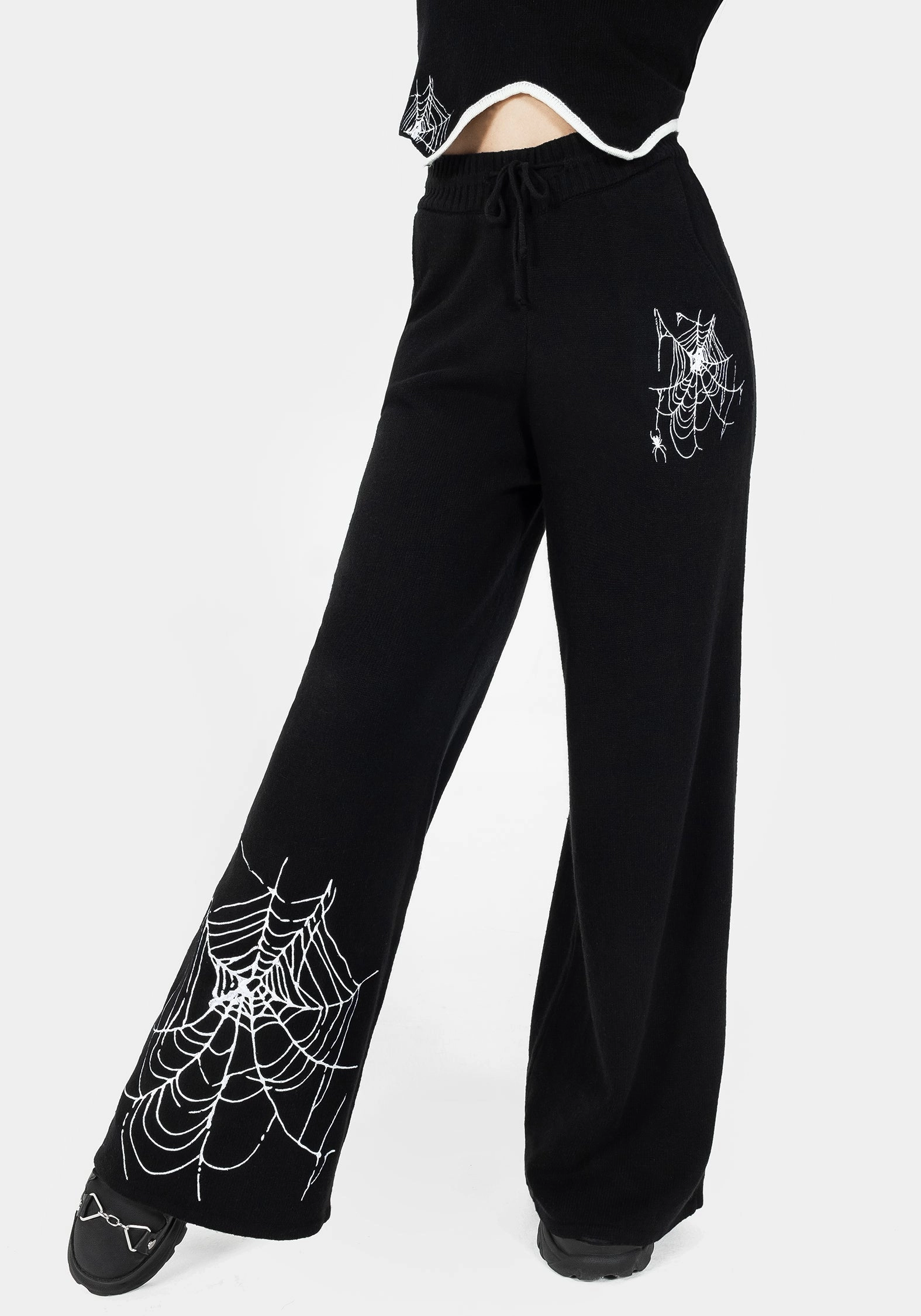Araneae Embroidered Wide Leg Knit Joggers Bottoms Womens - women's jeans sale