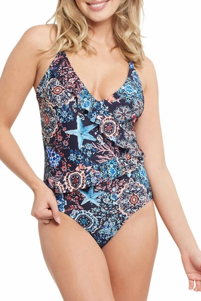 Aruba Under The Sea Tankini One Piece Swimsuit In Navy Swim Womens - scoop neck swimsuits
