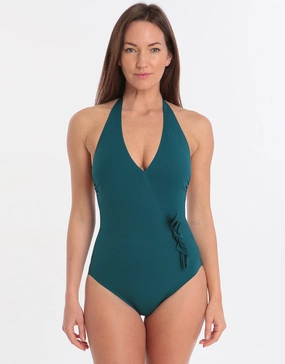 Au Naturel Wrap and Bow Surplice One Piece - Teal Green Gottex - Gottex swimsuits discount