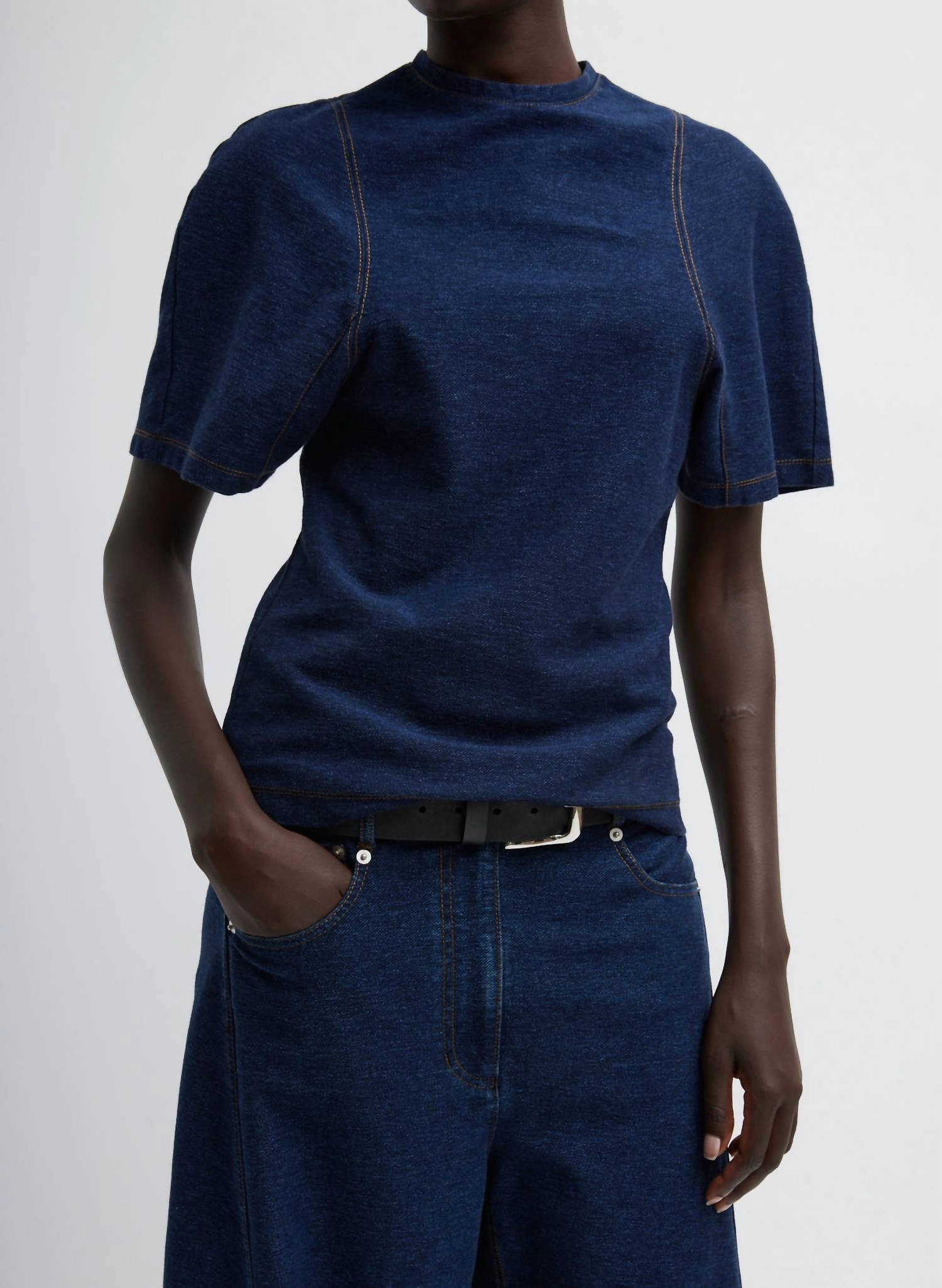 Barre Denim Knit Scuplted Shrunken T-Shirt In Indigo