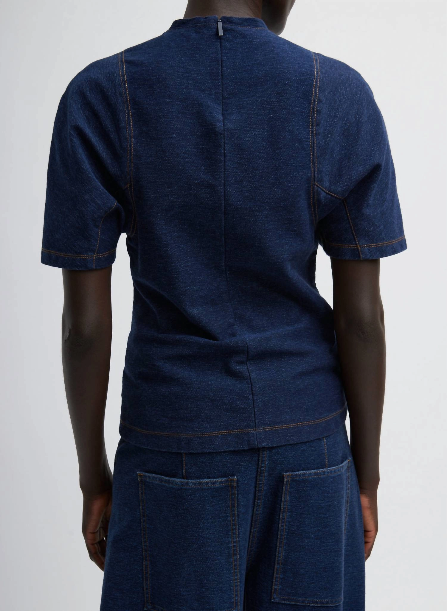 Barre Denim Knit Scuplted Shrunken T-Shirt In Indigo