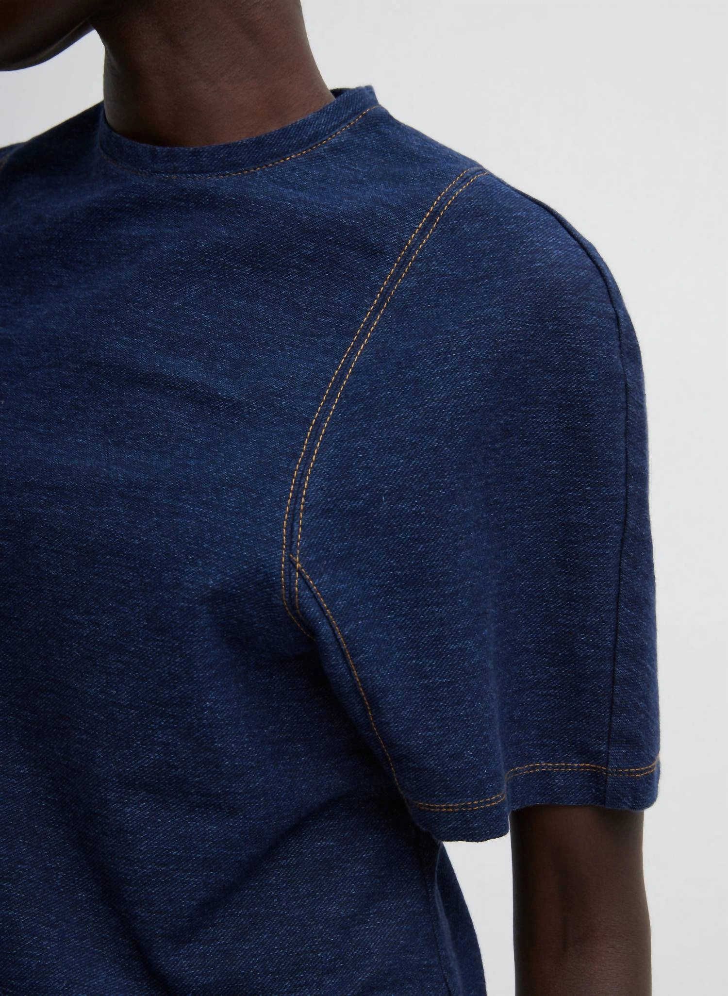 Barre Denim Knit Scuplted Shrunken T-Shirt In Indigo