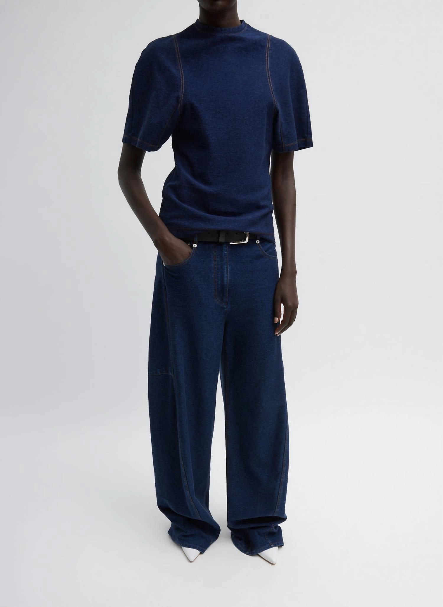 Barre Denim Knit Scuplted Shrunken T-Shirt In Indigo