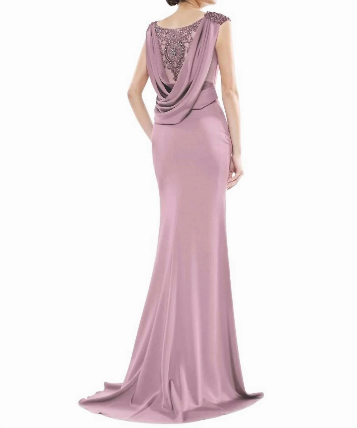 Beaded Cowl Back Trumpet Gown In Mauve