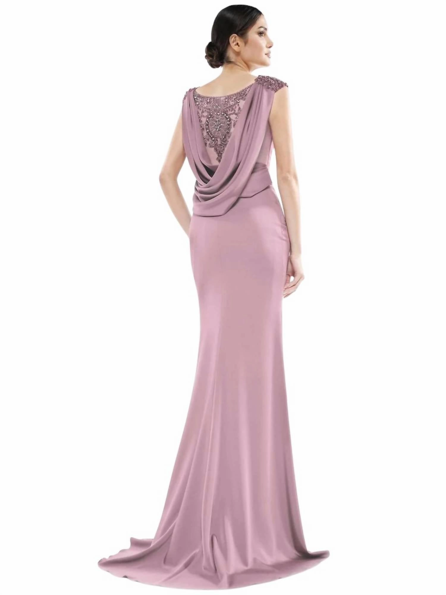 Beaded Cowl Back Trumpet Gown In Mauve