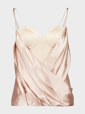 Beige Draped Satin Bustier Top womens bodysuits promo