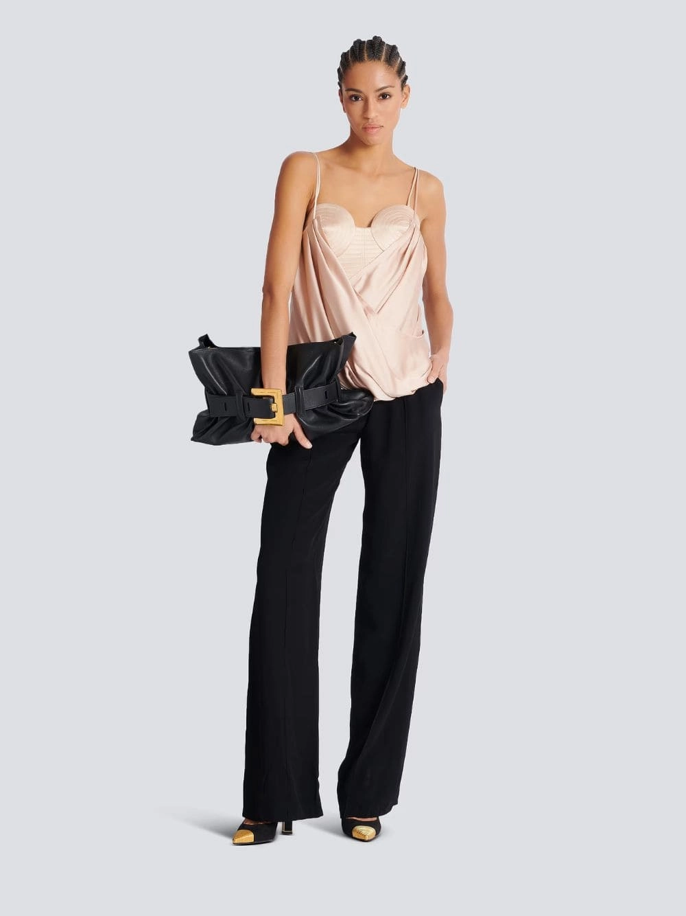 Beige Draped Satin Bustier Top