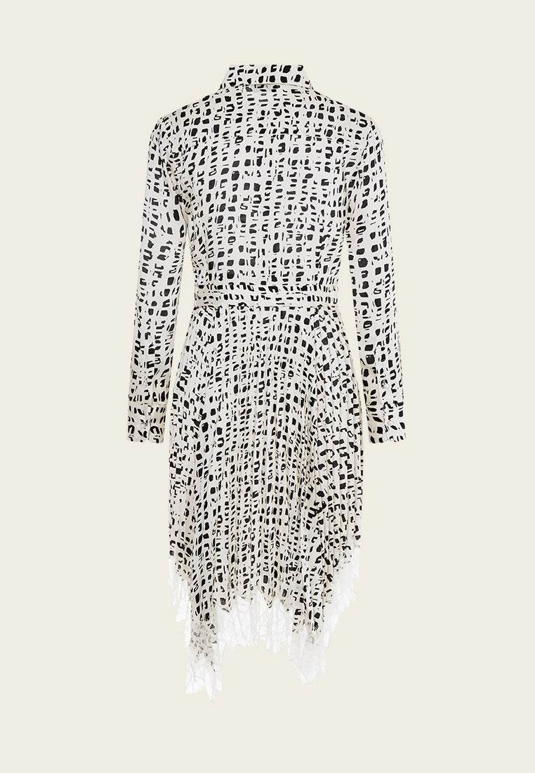 Beige Printed Collar Pleated Midi Dress
