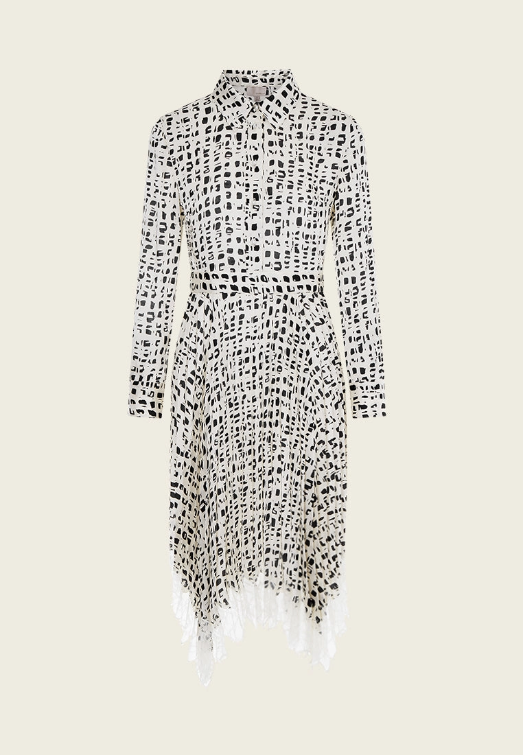Beige Printed Collar Pleated Midi Dress