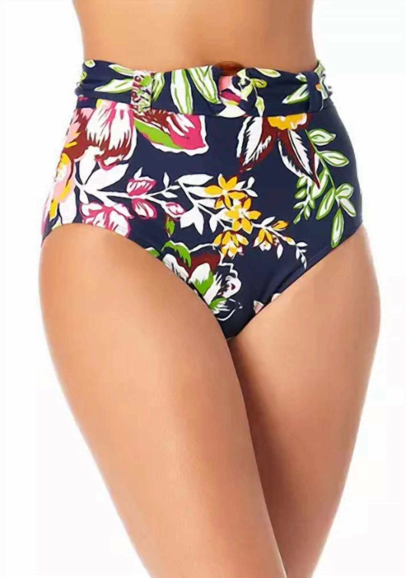 Belted High Waist Swim Bottoms In Tropical Bloom Swim Womens - scoop neck swimsuits