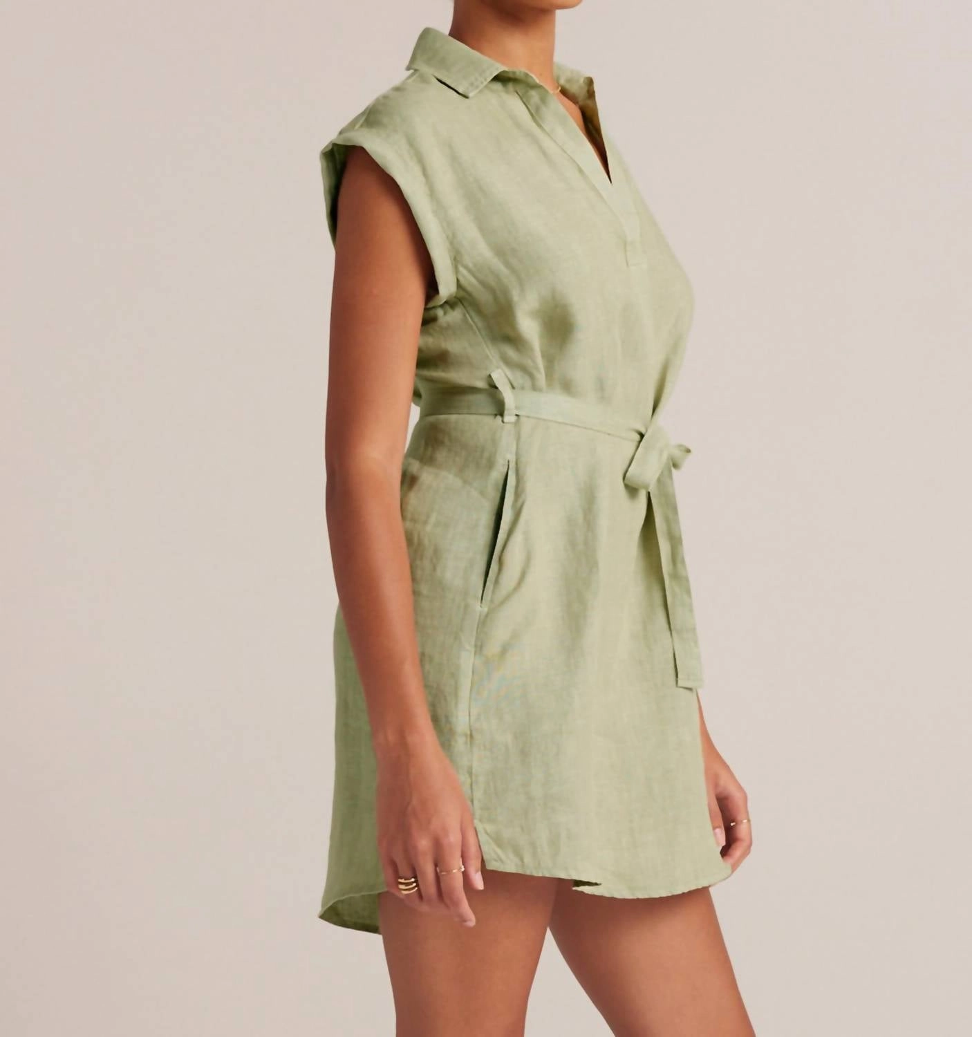 Belted Linen Shirt Dress In Pale Palm
