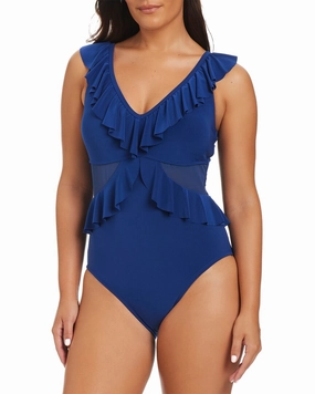Beyond Control Swimwear Solid Essentials Ruffle One Piece Swim Womens - reversible swimsuits