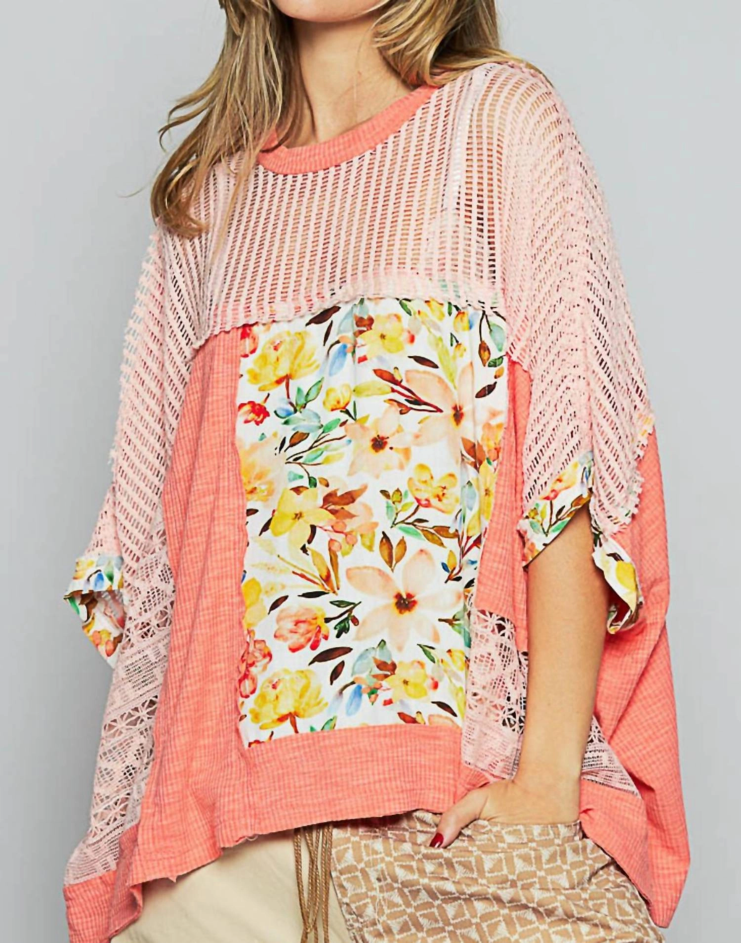 Birdie Patchwork Mesh Poncho In Peach