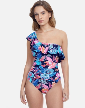 Bohemian Gypsy Ruffle One Shoulder Swimsuit - Navy Gottex - Gottex swimsuits discount