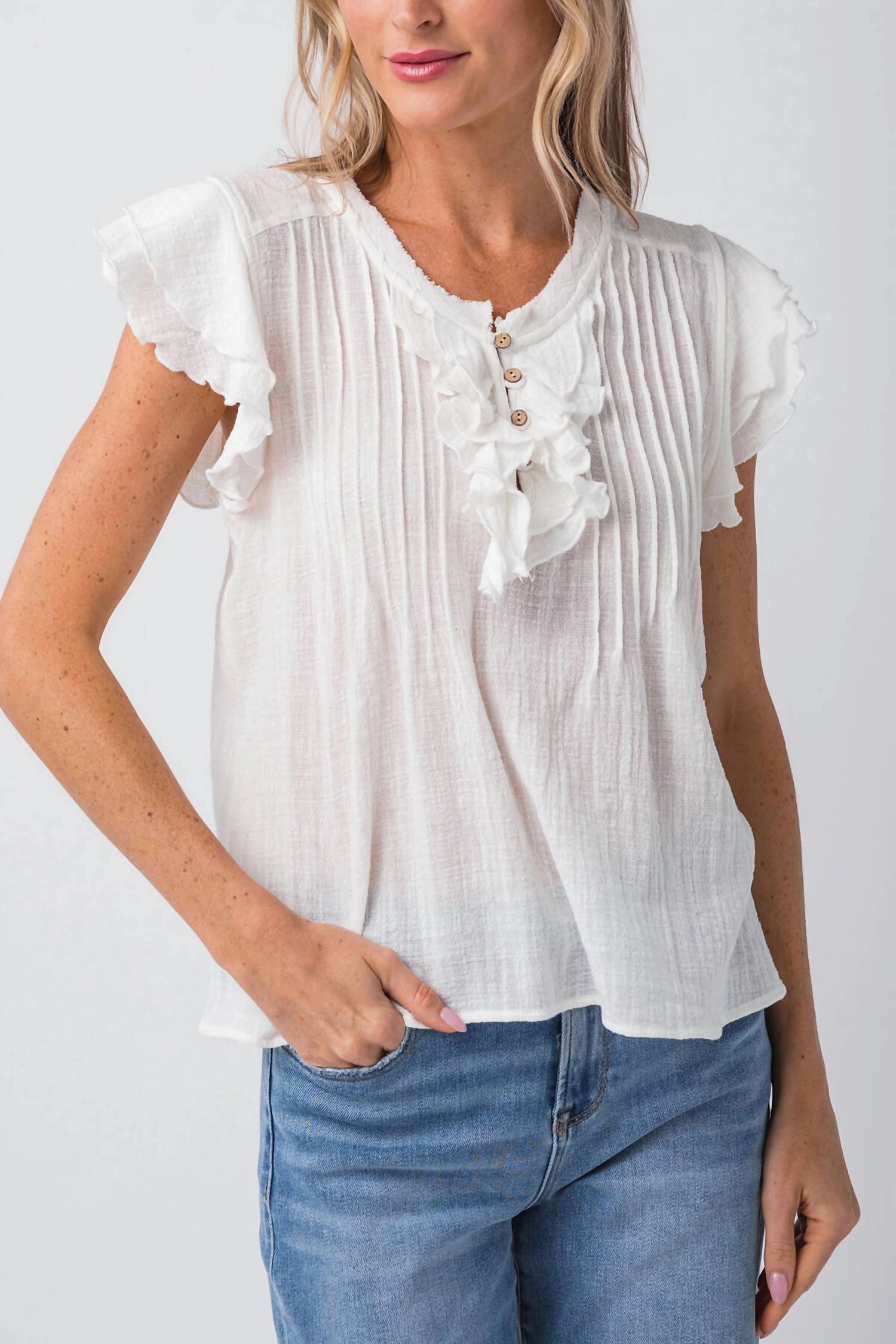 Boho Gauzy Short Sleeve Top In White