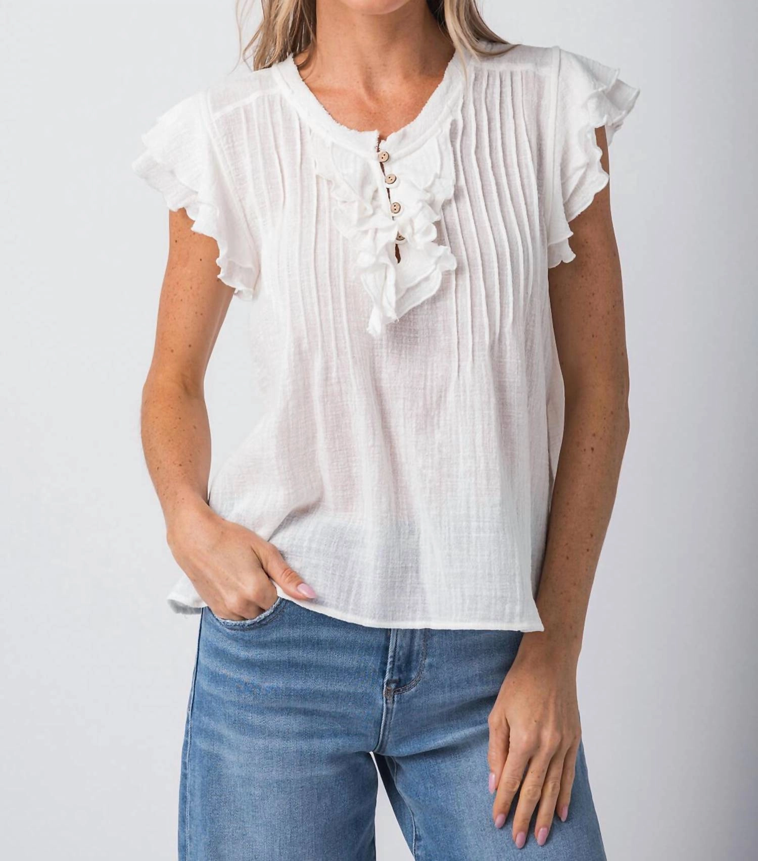 Boho Gauzy Short Sleeve Top In White