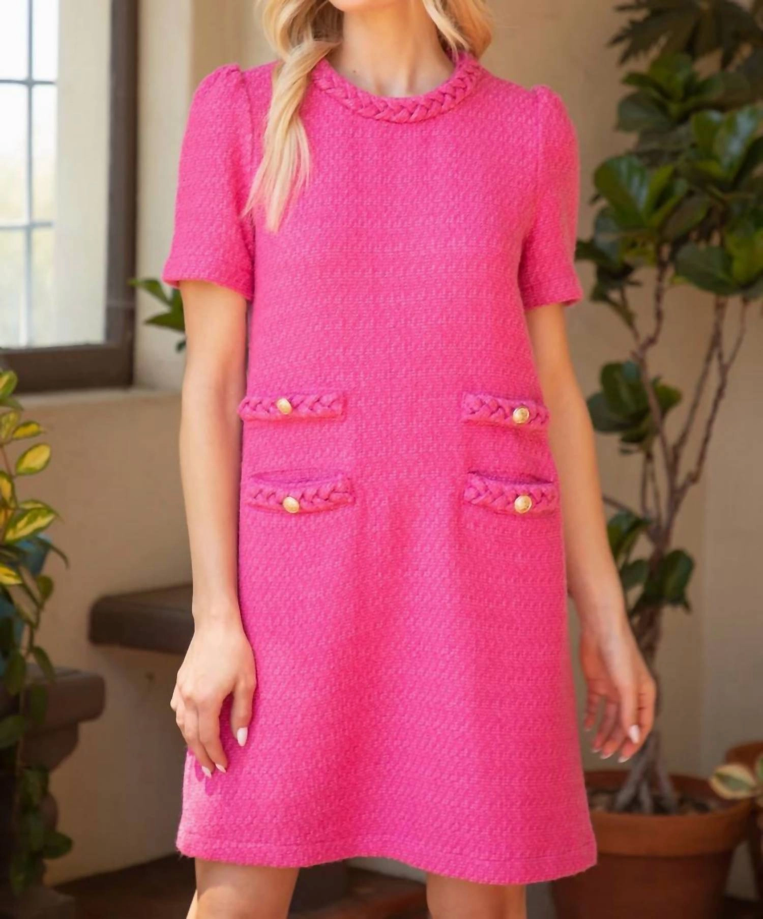 Braid Neck Double Pocket Tweed Dress In Pink