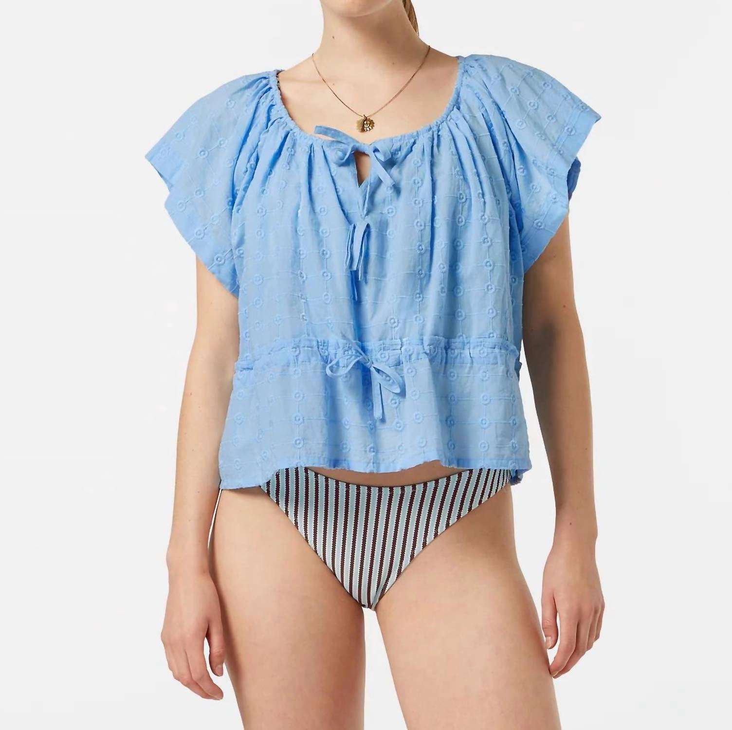 Broderie Top In Blue Linen