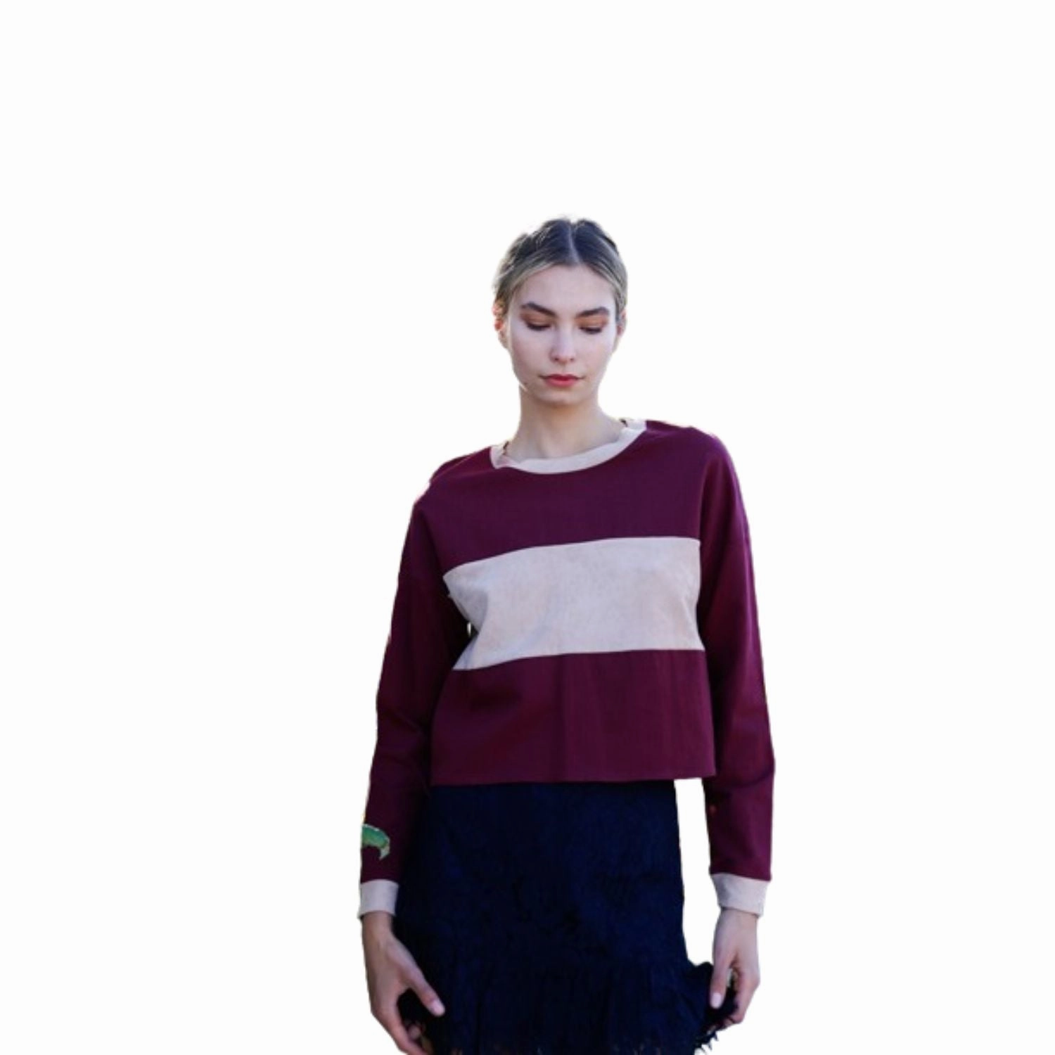 Burgundy Colorblock Long Sleeve Crop Top