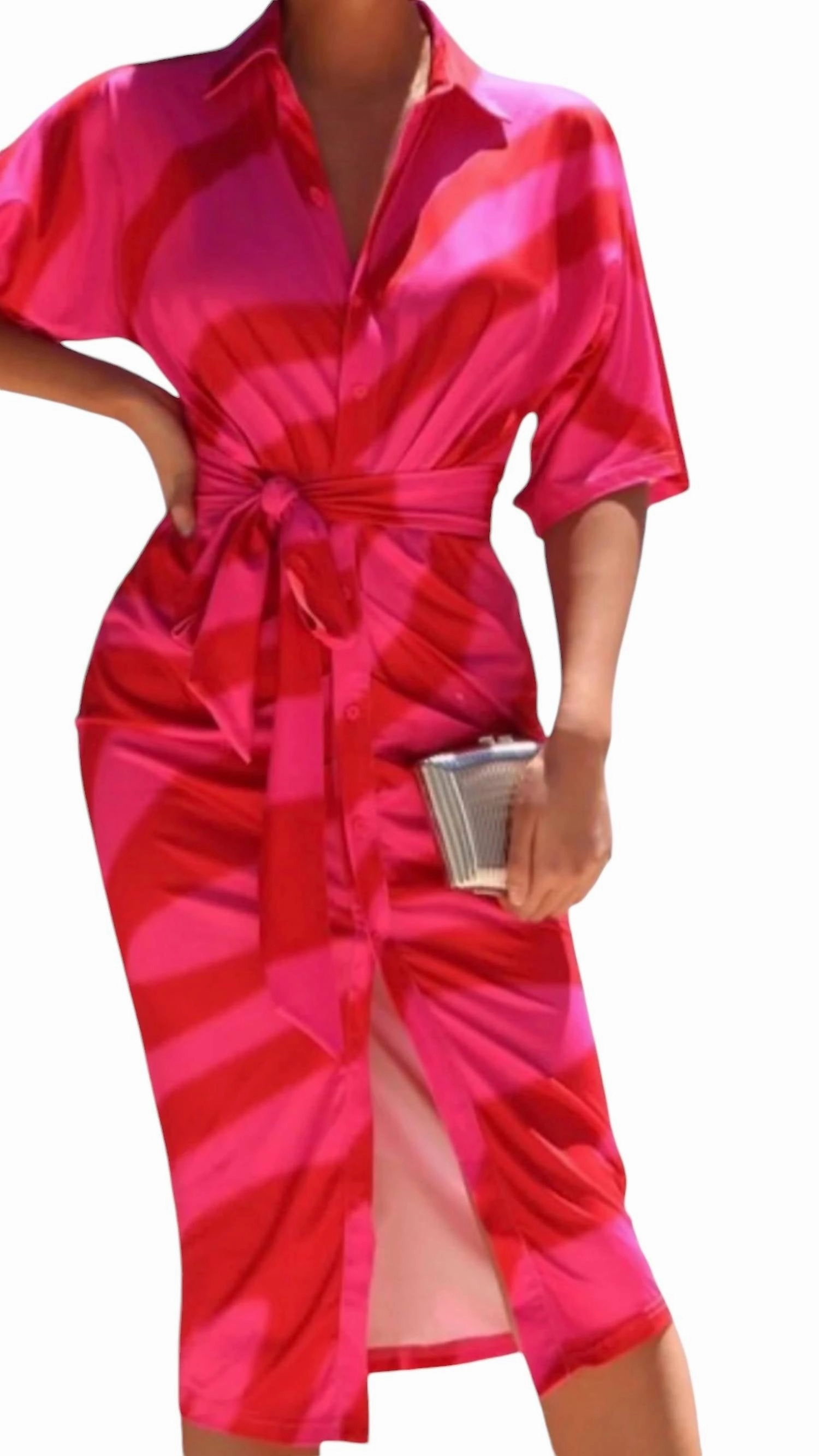 Button Down Knit Midi Dress With Tie In Pink