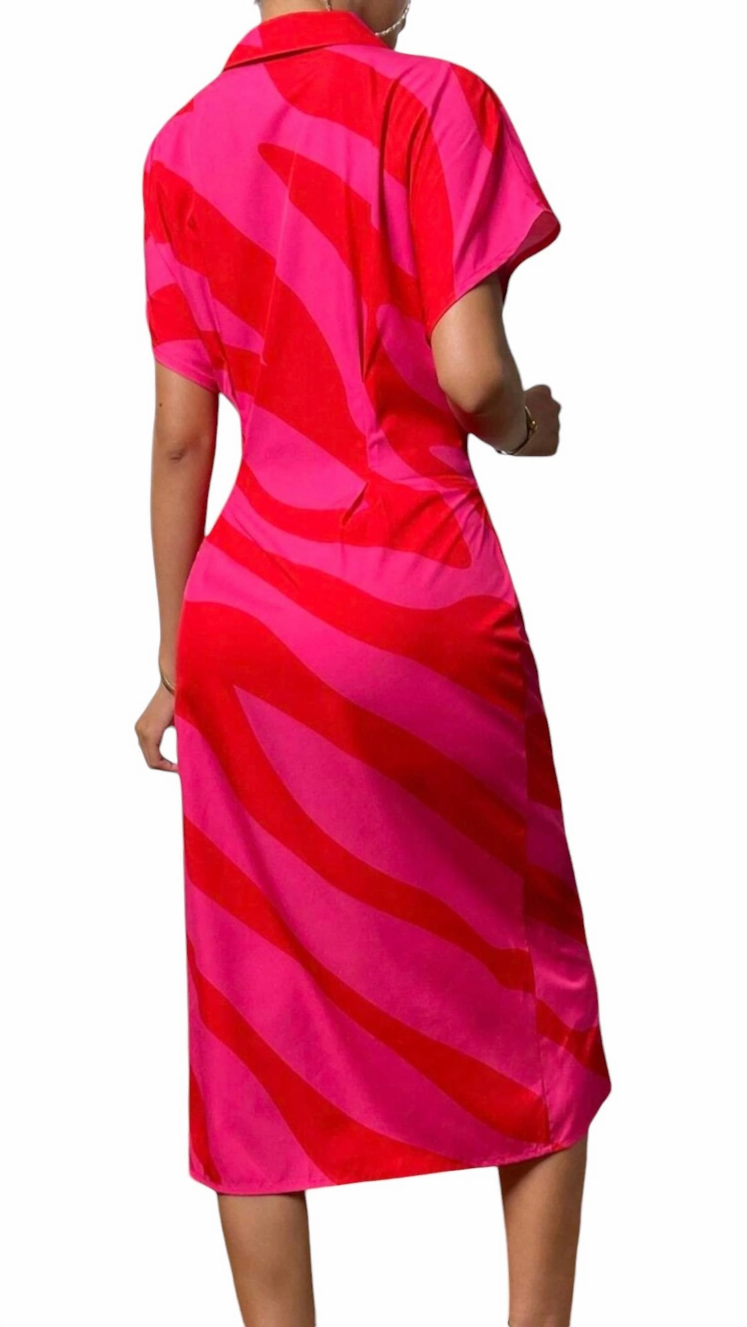 Button Down Knit Midi Dress With Tie In Pink
