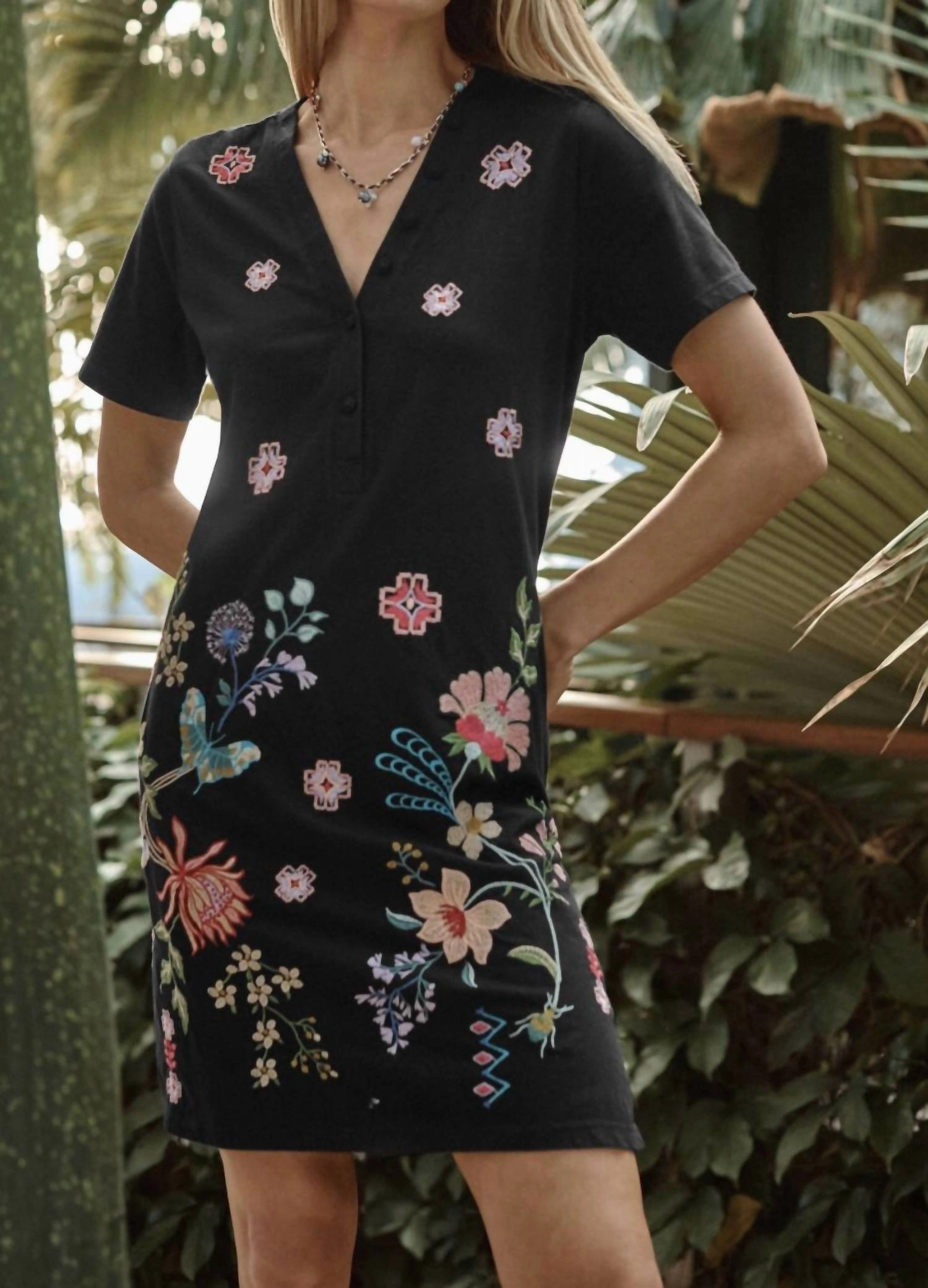 Button Neck Knit Dress In Black