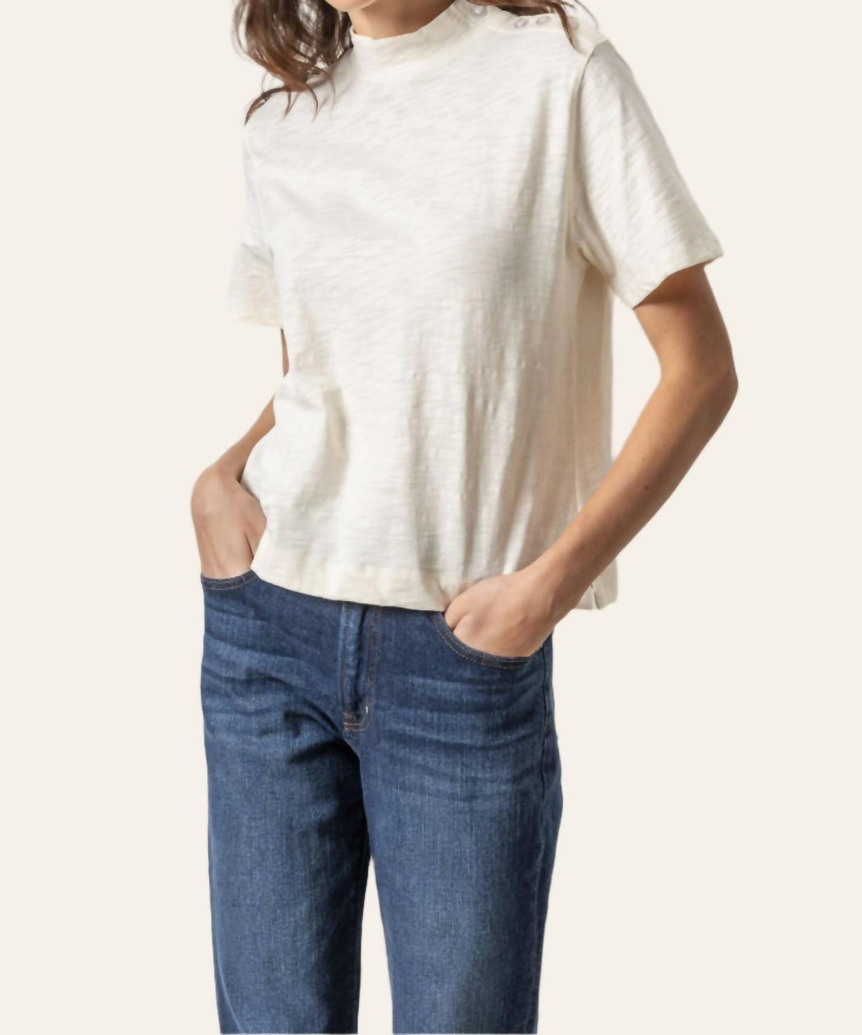 Button Shoulder Mock Neck Tee In Talc