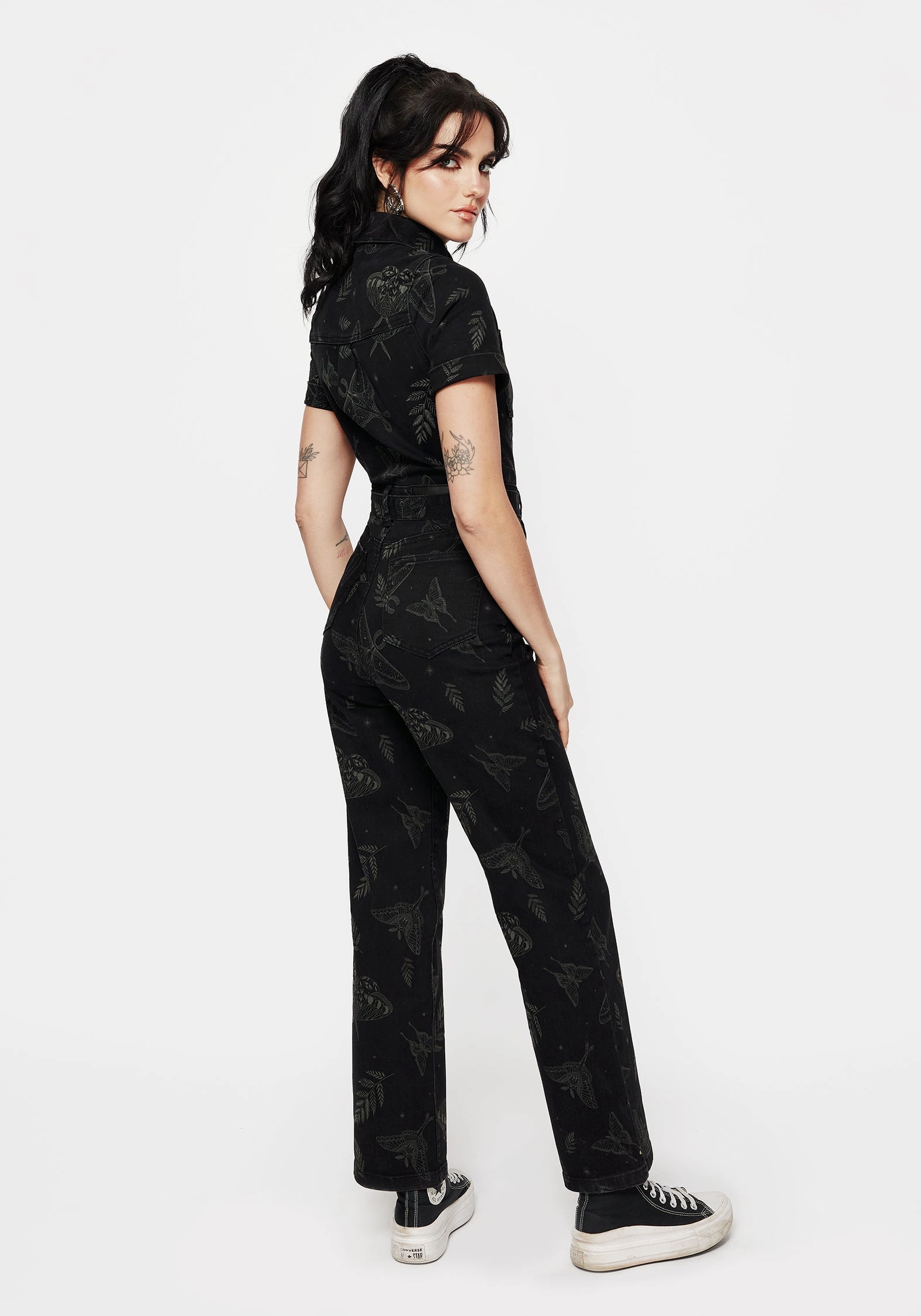 Callopistria Moth Print Denim Jumpsuit