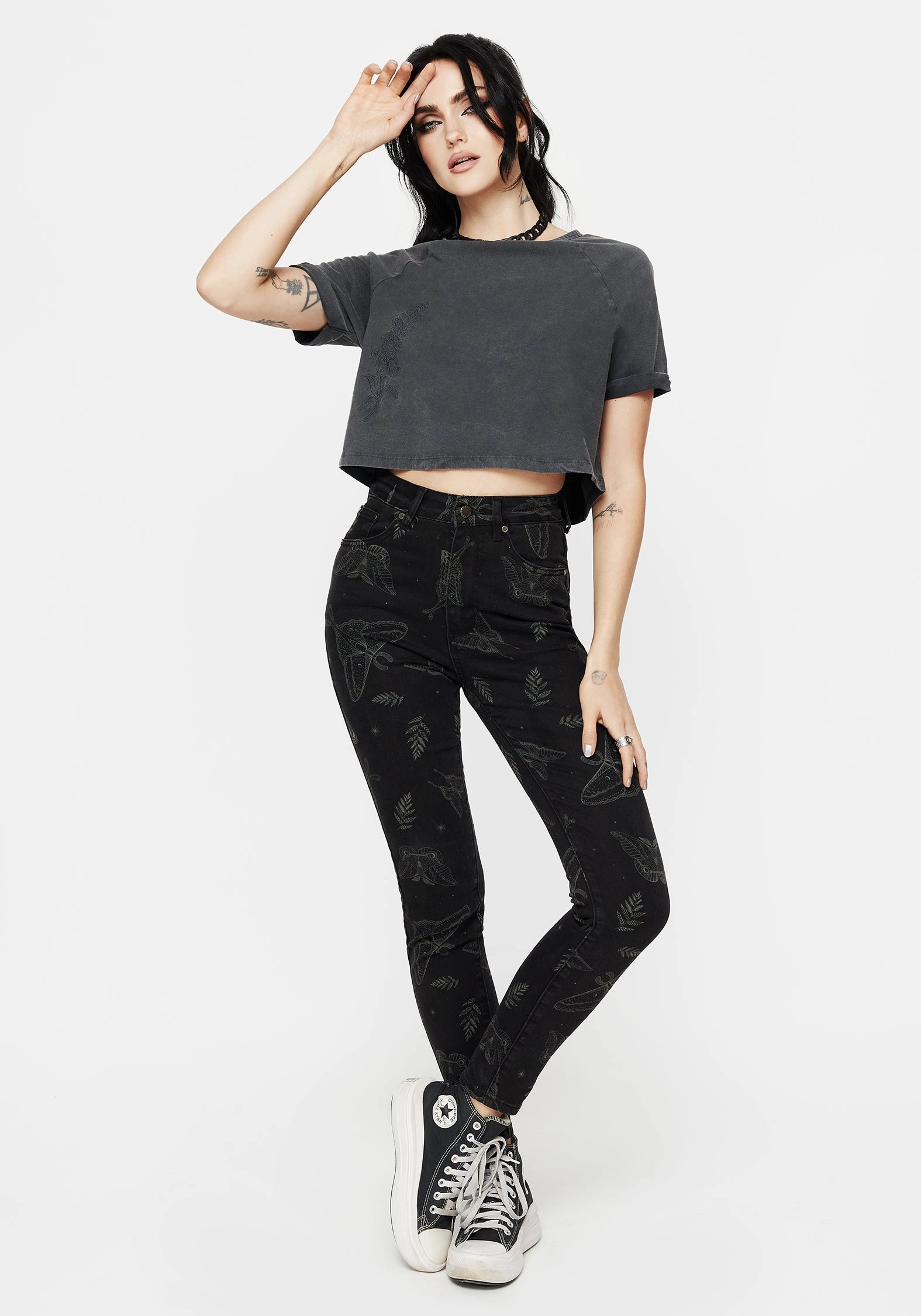 Callopistria Moth Print Denim Skinny Jeans Bottoms Womens - women's jeans sale
