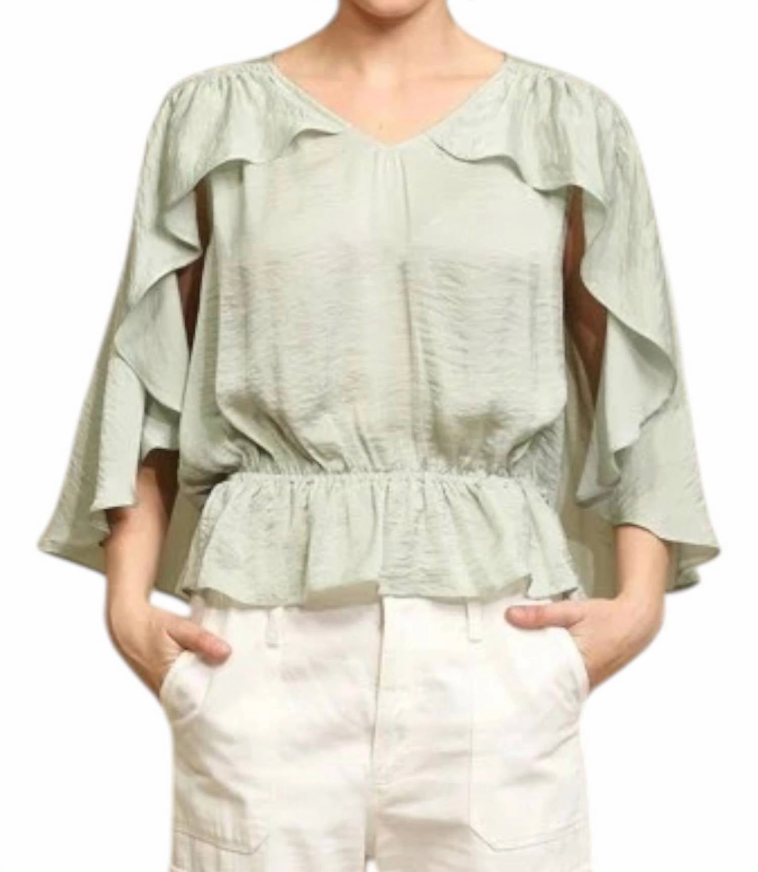 Cape Sleeve With Ruffle Detail Blouse In Light Sage