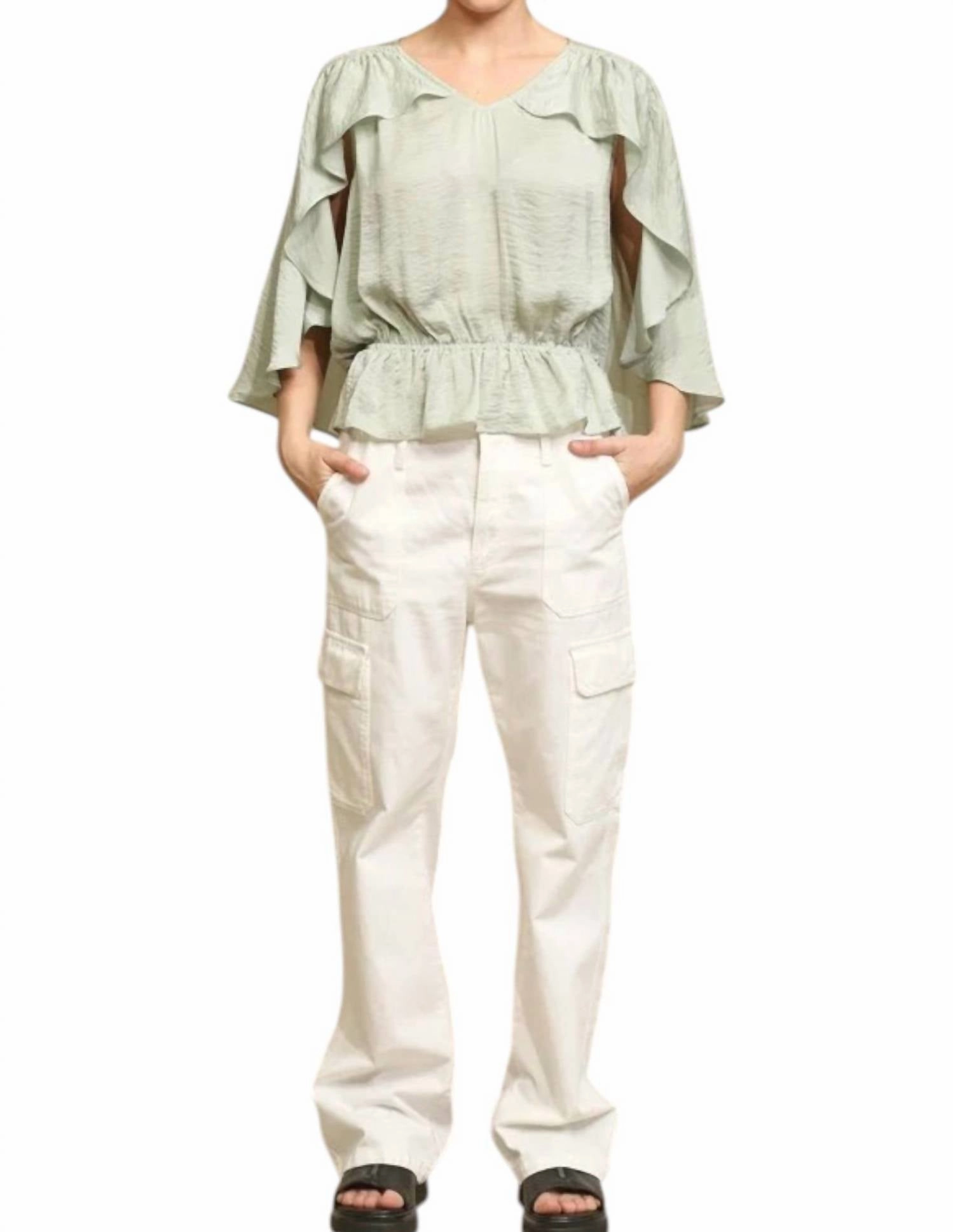 Cape Sleeve With Ruffle Detail Blouse In Light Sage