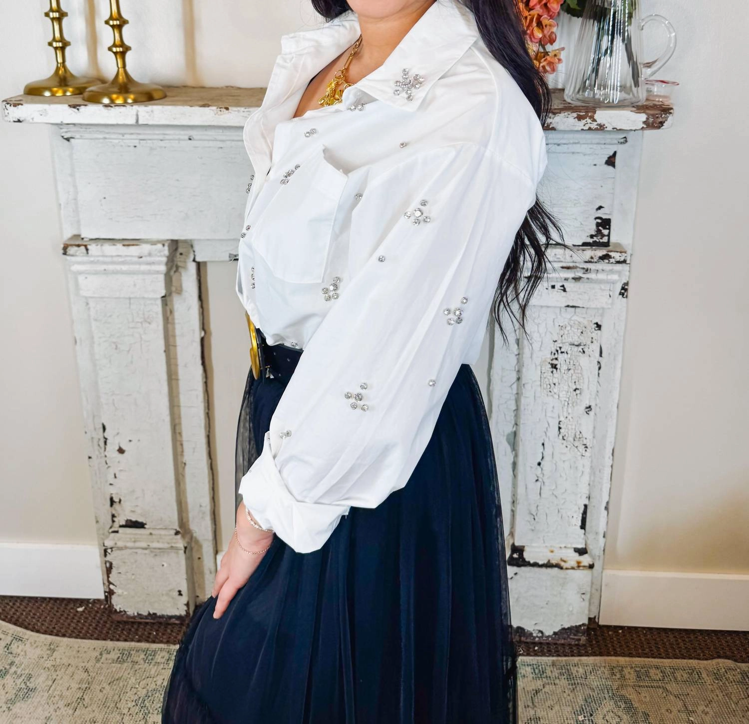 Carly Rhinestone Top In White