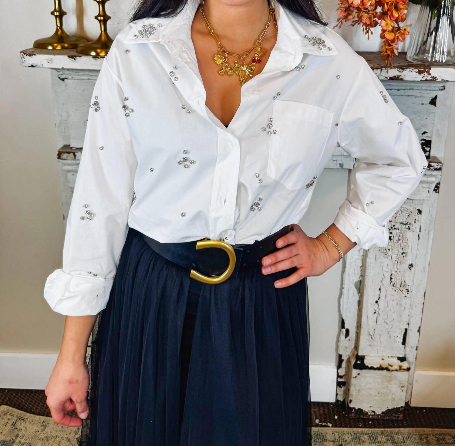 Carly Rhinestone Top In White