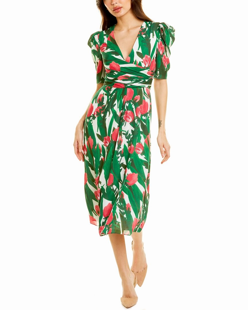 Carolina Herrera Puff Sleeve V-Neck Silk Dress