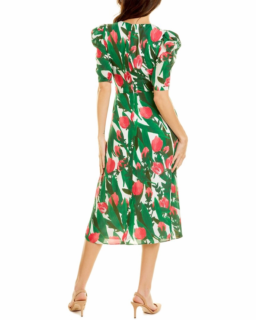 Carolina Herrera Puff Sleeve V-Neck Silk Dress