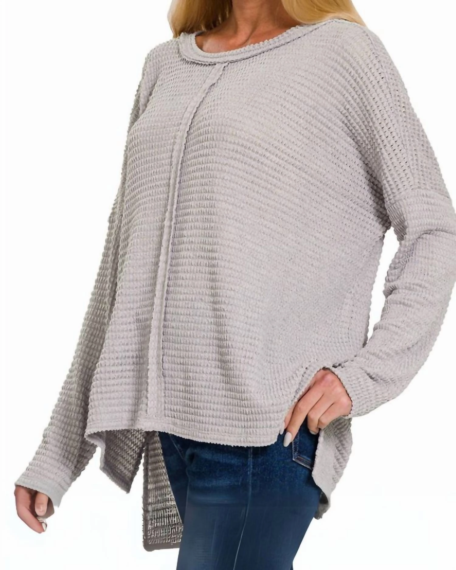 Center Seam Waffle Knit Top In Grey