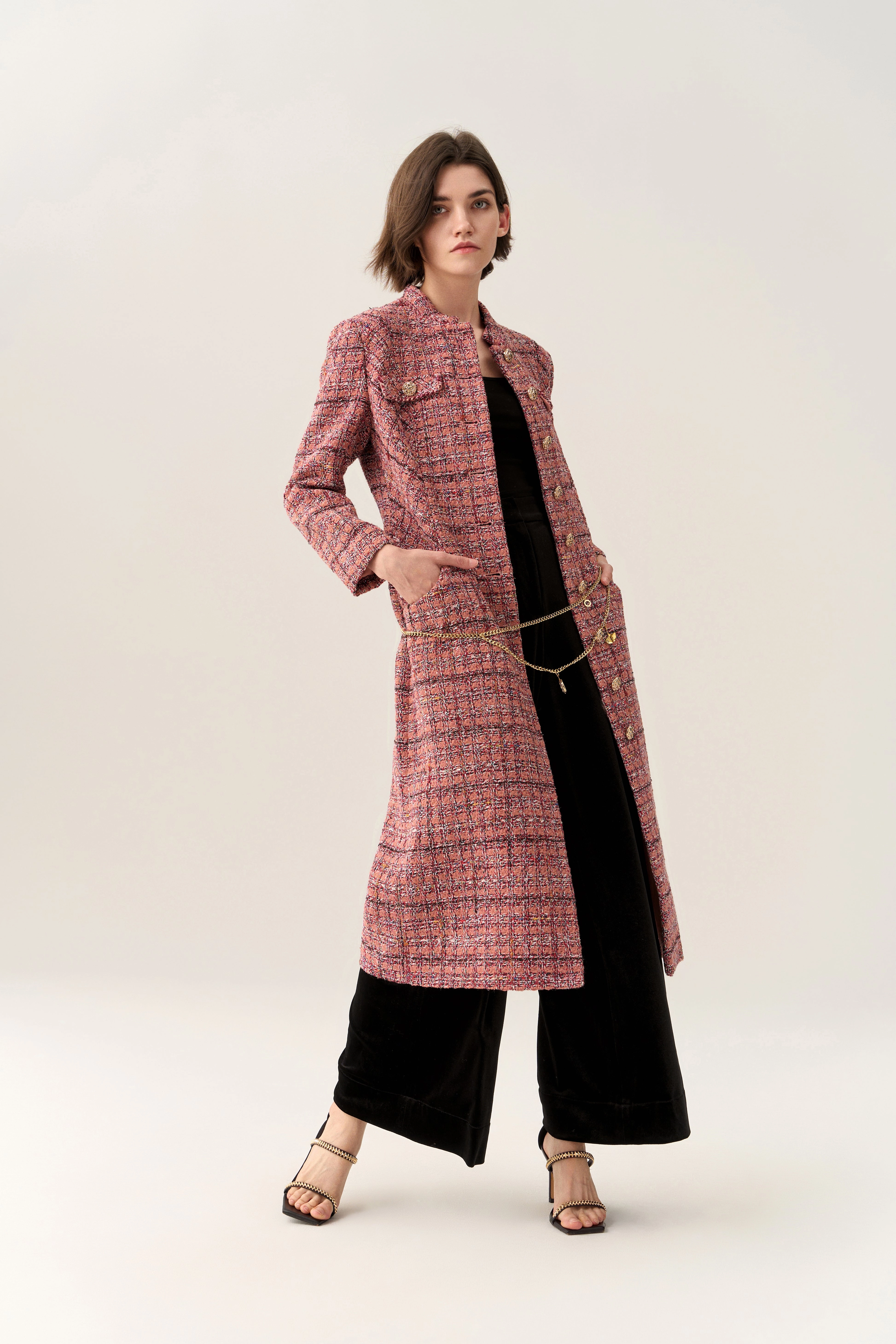 Charm-detail Chain Belt Stand Collar Tweed Dress