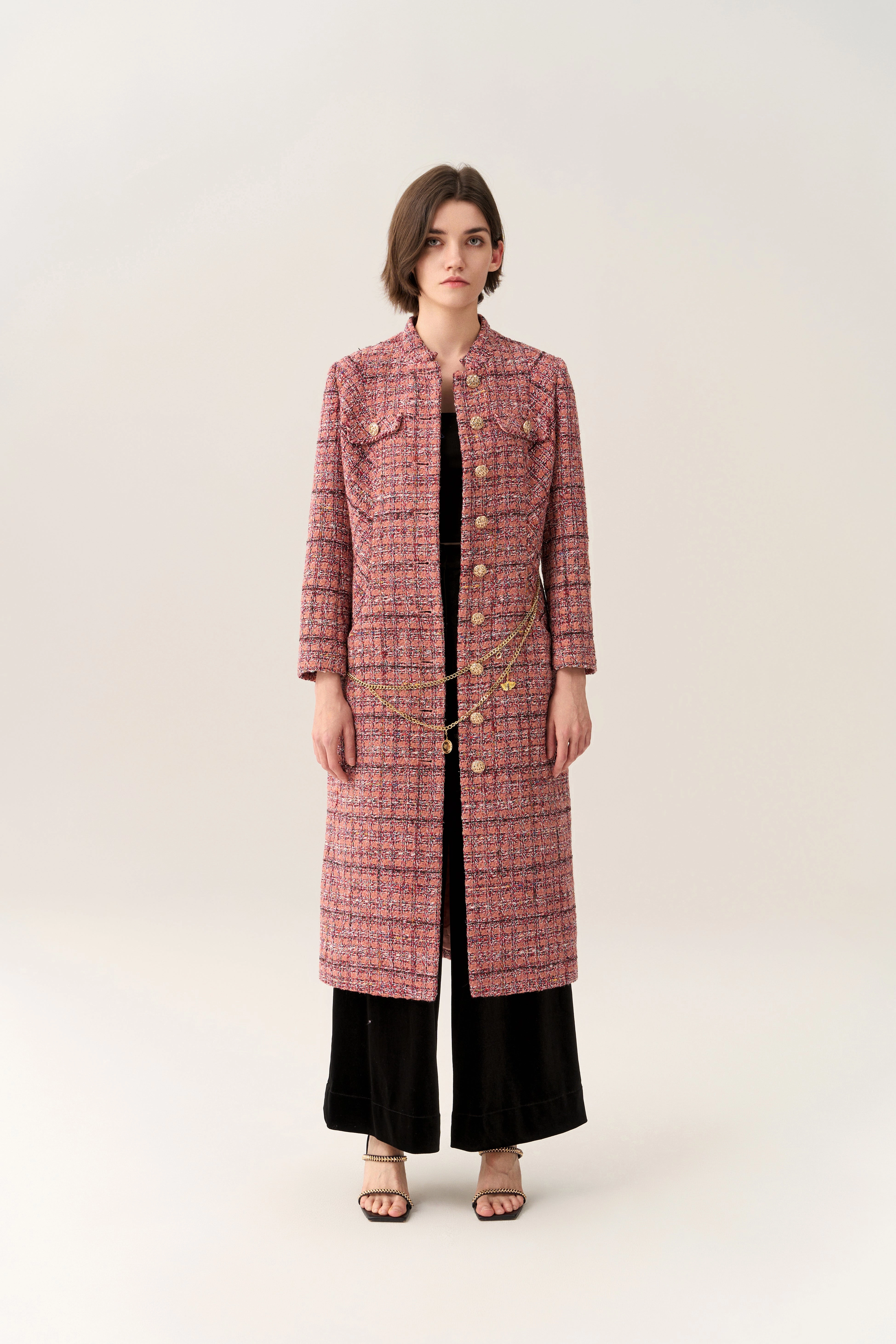 Charm-detail Chain Belt Stand Collar Tweed Dress