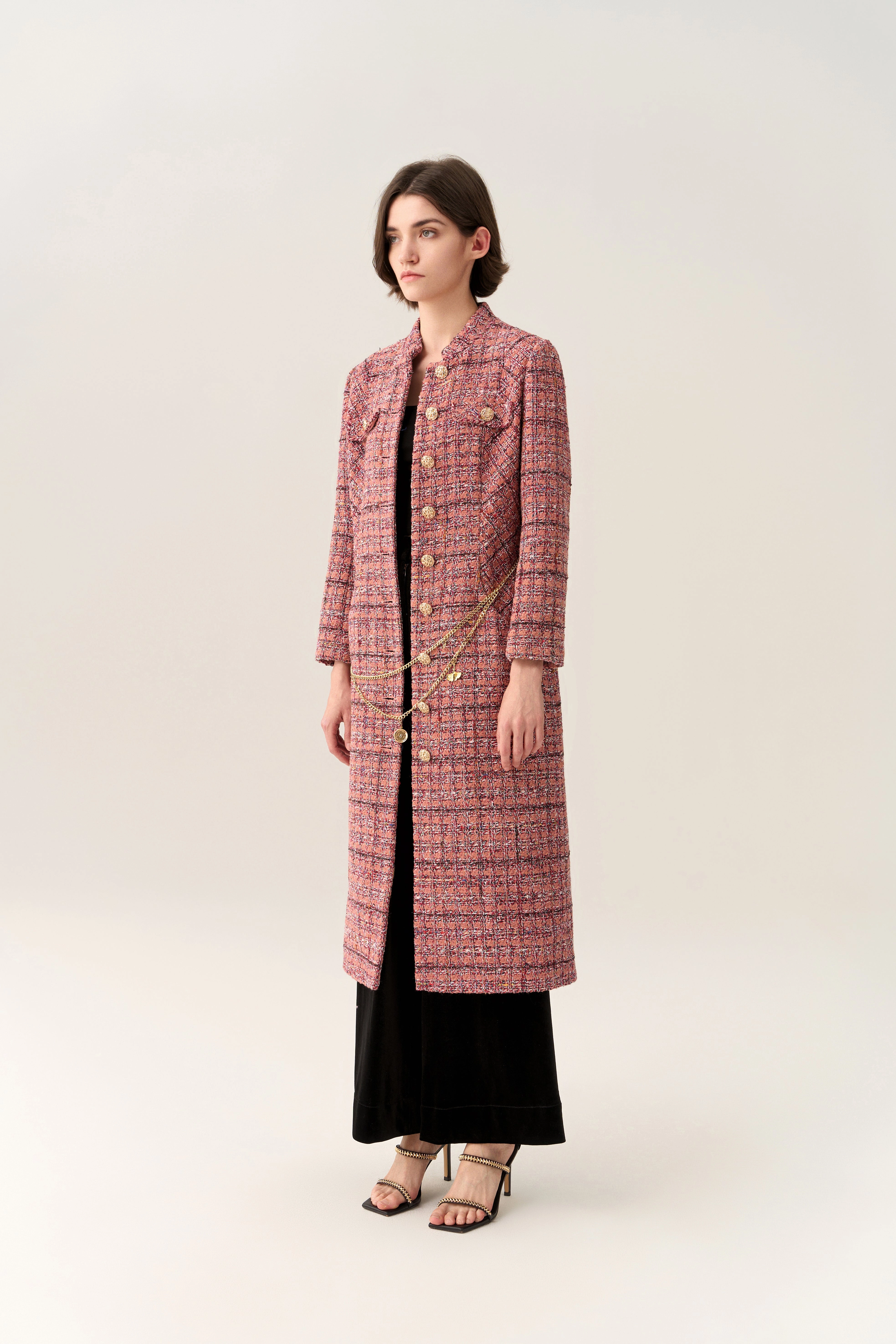 Charm-detail Chain Belt Stand Collar Tweed Dress