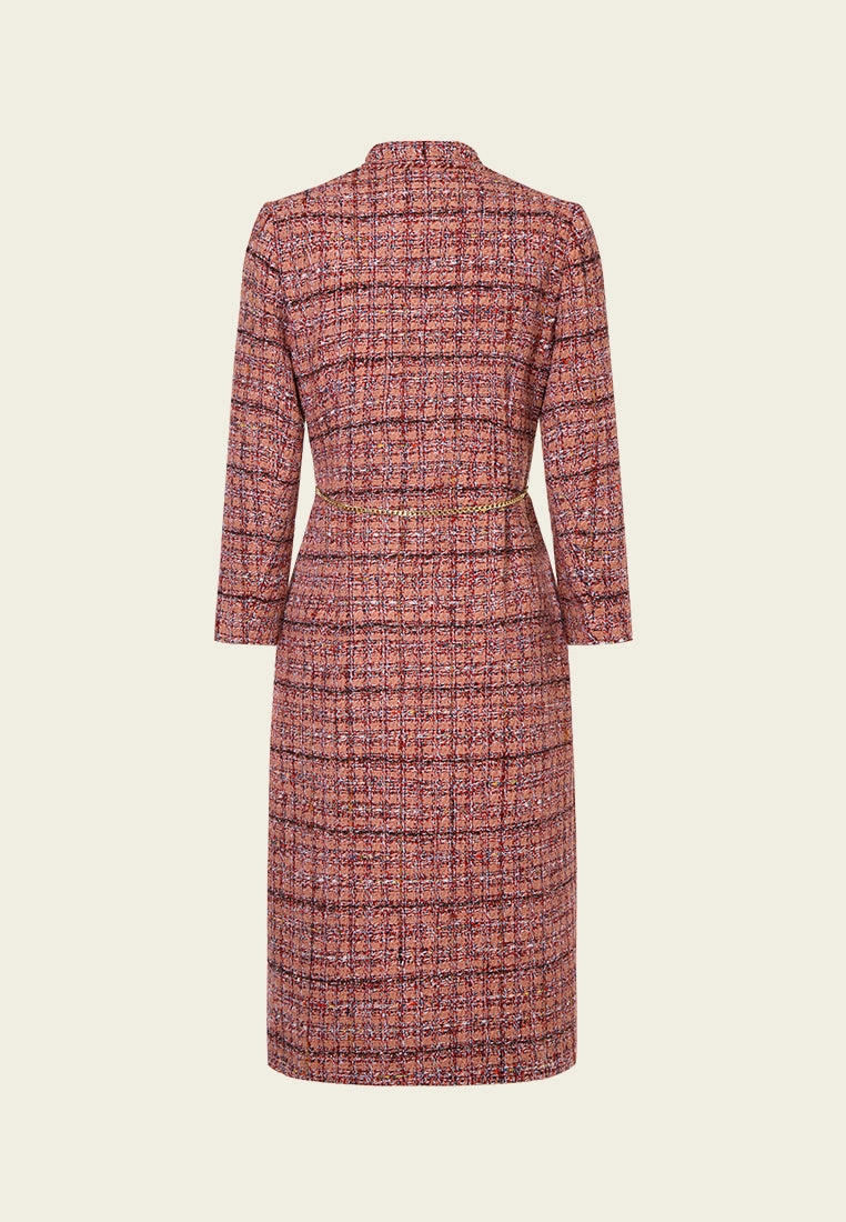 Charm-detail Chain Belt Stand Collar Tweed Dress