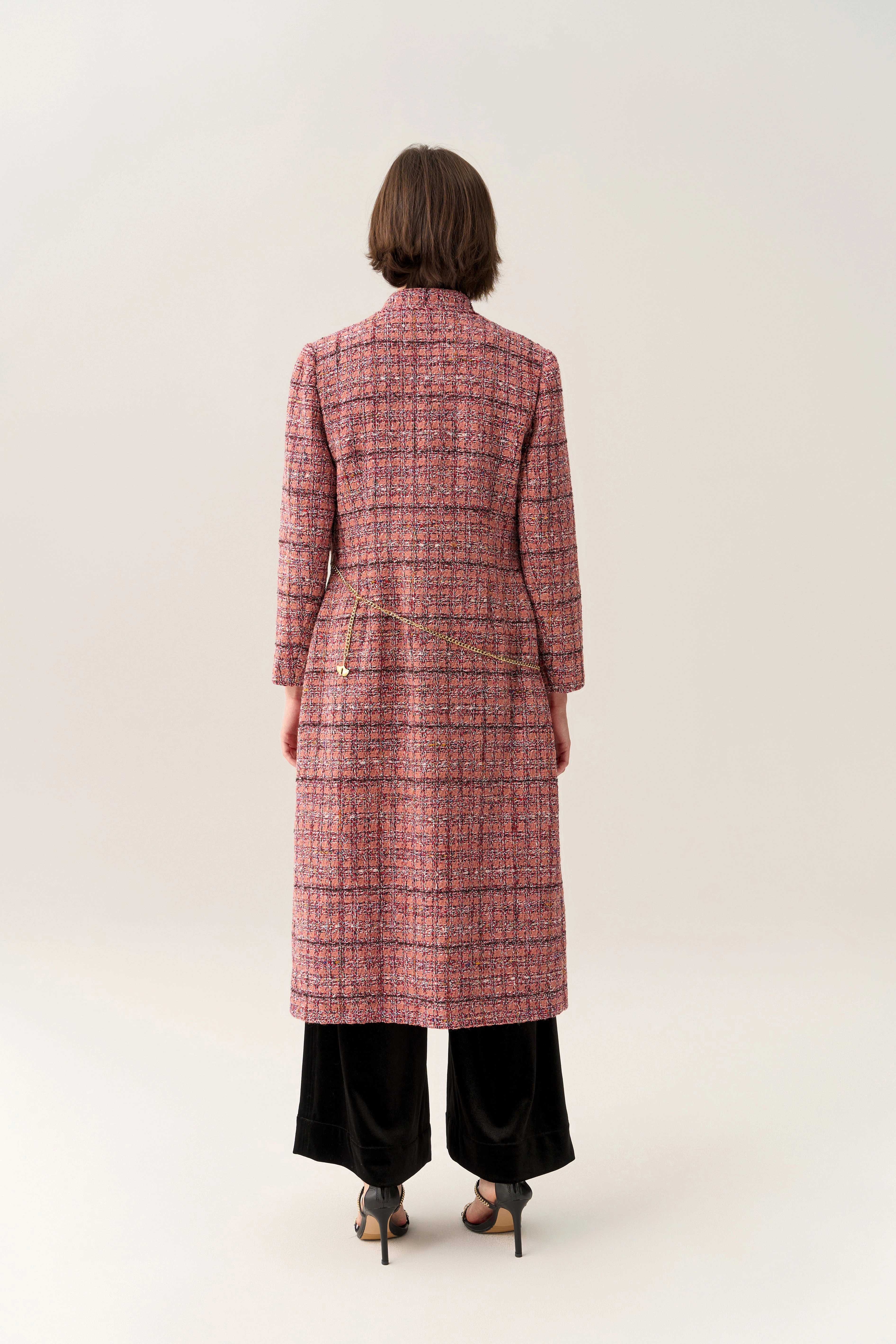 Charm-detail Chain Belt Stand Collar Tweed Dress