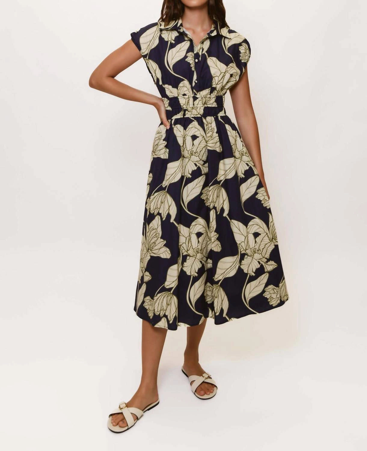 Collared Cap Sleeve Multi Elastic Banded Midi Dress In Navy Dramatic Vining Iris